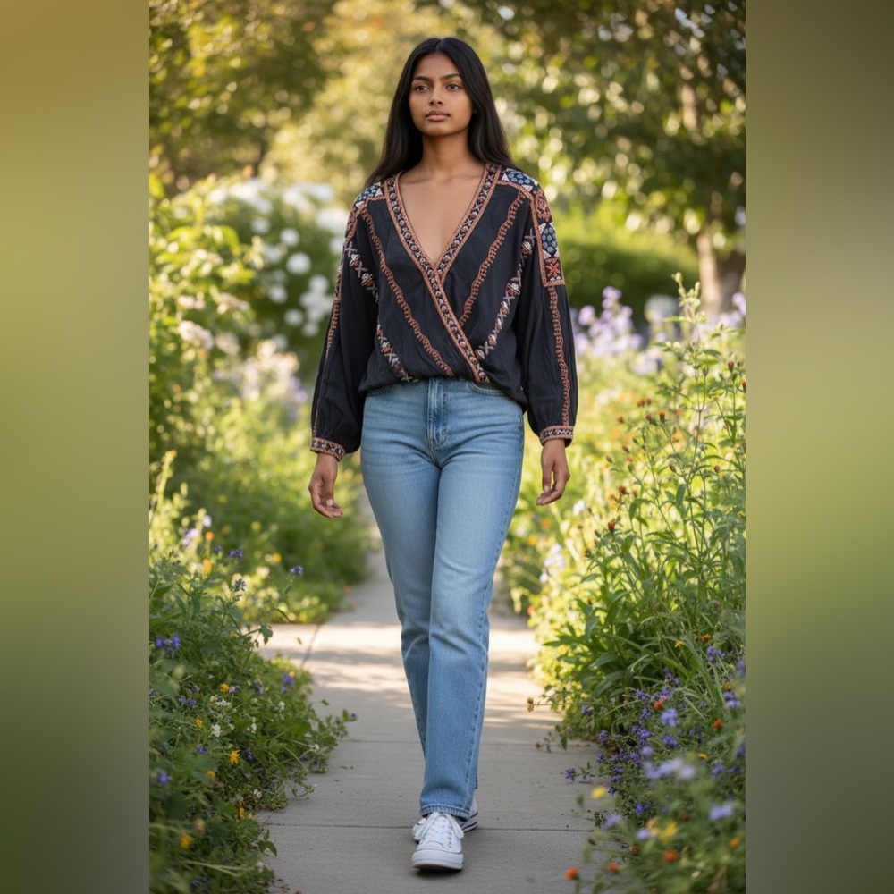 Free People Boho Flowy Embroidered Navy Blue‎ Women's Top - Picture 5 of 7
